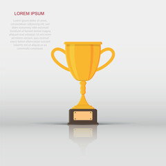 Trophy cup icon in flat style. Goblet prize vector illustration on isolated background. Award sign business concept.