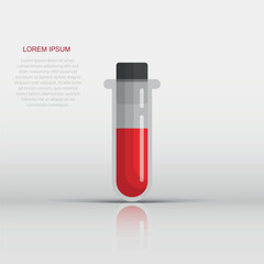 Blood in test tube icon in flat style. Laboratory flask vector illustration on isolated background. Liquid in beaker sign business concept.