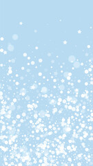 Fototapeta na wymiar Snowy christmas background. Subtle flying snow flakes and stars on light blue winter backdrop. Delicate sweet snowy christmas. Vertical vector illustration.