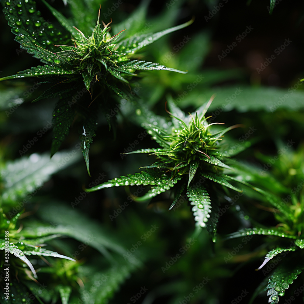 Poster a macro image of cannabis leaves with visible trichomes and bright green hues pattern for tiles. gen