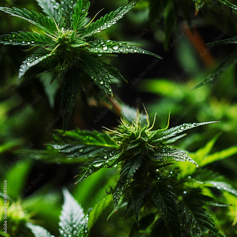Poster a macro image of cannabis leaves with visible trichomes and bright green hues pattern for tiles. gen