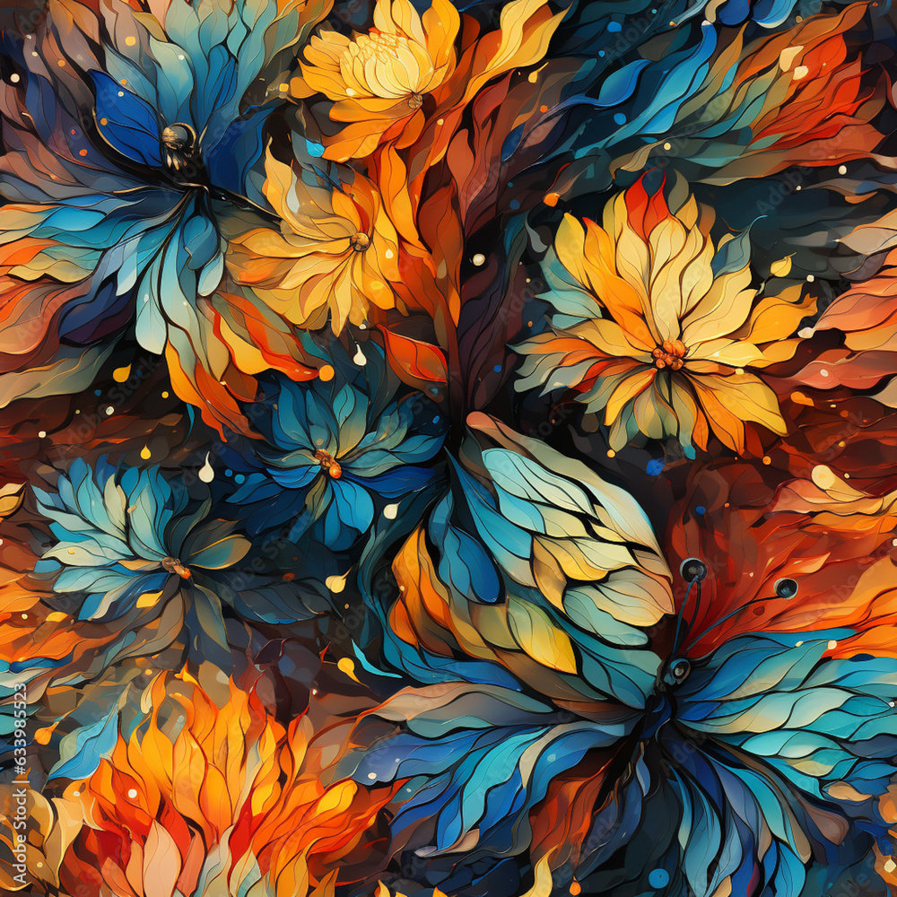 Fototapete A close-up of a butterfly's wing, revealing a kaleidoscope of colors and intricate patterns. Painted  Pattern for tiles. Generative AI technology.