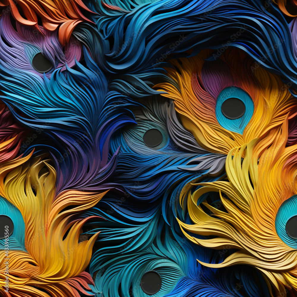 Fototapete A close-up of a peacock's feathers, revealing the intricate patterns and vibrant colors. Abstract : Pattern for tiles. Generative AI technology.