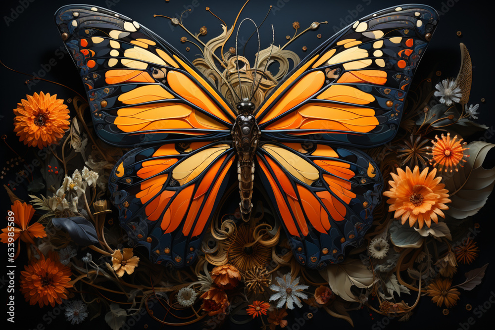 Fototapete a monarch butterfly resting on a flower, its wings displaying a symmetrical pattern of black lines a