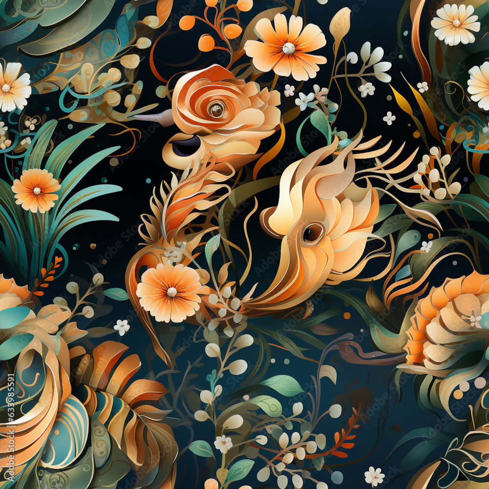 Leinwandbilder A seahorse blending into its seagrass habitat with its intricate patterned body.  Pattern for tiles. Generative AI technology.