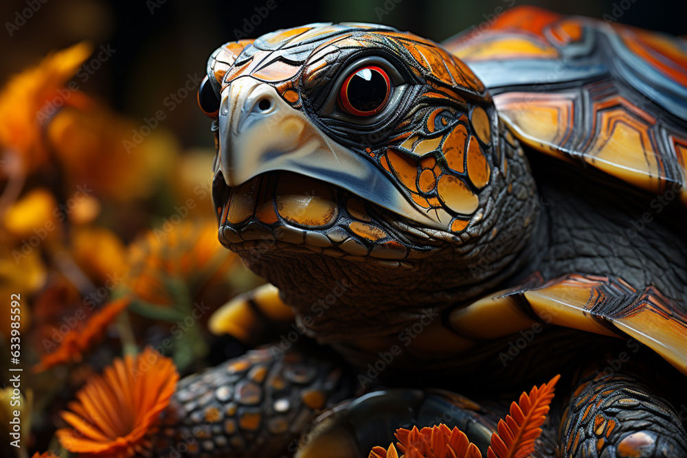 Fototapete A close-up of a tortoise's shell, displaying its intricate patterns and textures. Painted  Generative AI technology.