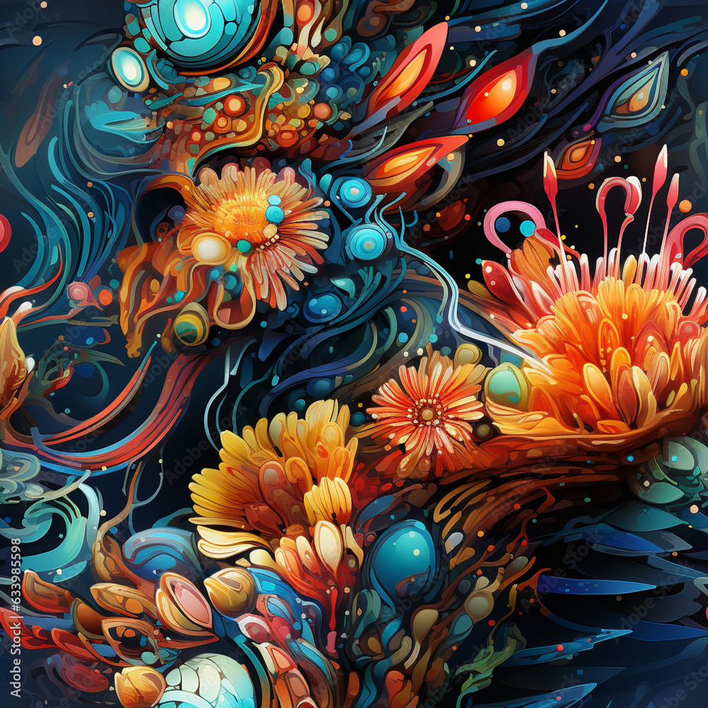 Fototapete A peacock mantis shrimp with its vibrant, complex patterns and striking coloration. Abstract Pattern for tiles. Generative AI technology.