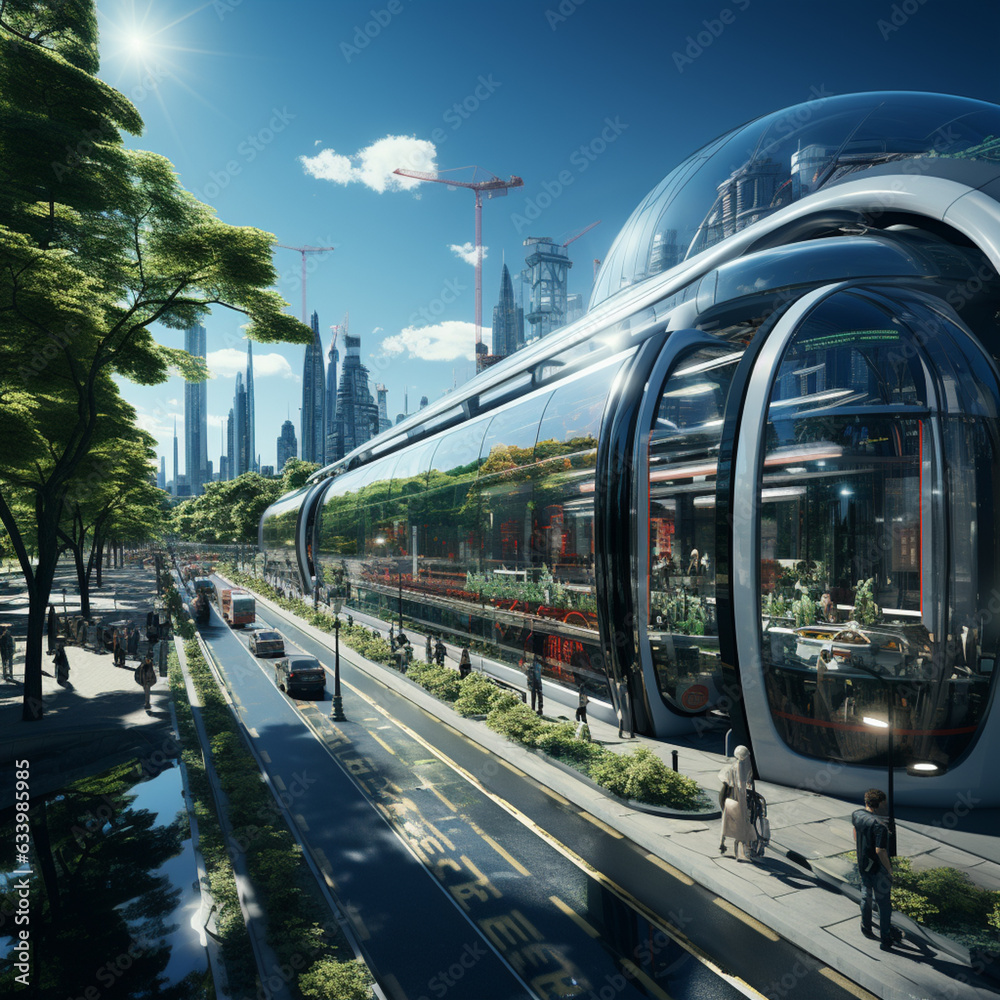 Poster a futuristic urban landscape with sleek generator booths integrated seamlessly into the cityscape, e