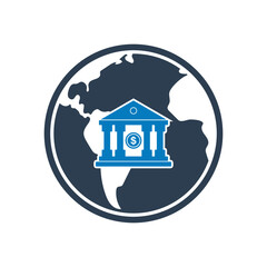 Global Banking Icon. With Globe and Bank Symbols. Editable Flat Vector Illustration.