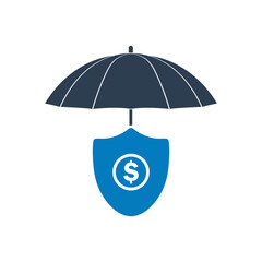 Financial Insurance Icon. With Dollar, Umbrella and Shield Symbols. Editable Flat Vector Illustration.