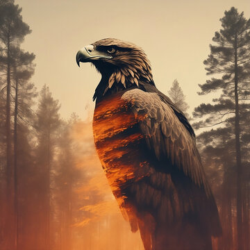 "Captivating Double Exposure: Majestic Giant Eagle and Fiery Forest by Christoffer Relander, Set Against the Enchanting Sunset - A Masterpiece by IrinaKapi, Showcasing Ultra Dynamic Light and High-Qua