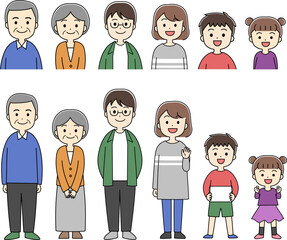 三世代家族・ファミリーの全身のイラスト　線あり