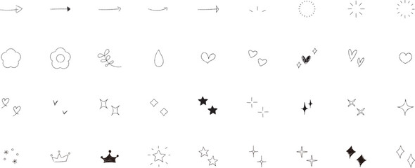 Obraz premium イラスト素材：かわいい手書きのあしらいセット（キラキラ・ハート・花・矢印・太陽）