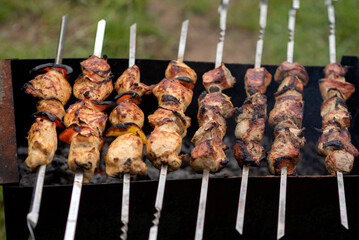 Shish kebab on skewers on the grill