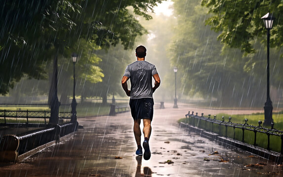 Man jogging in the park in rain
