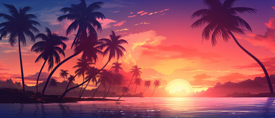 Obraz na płótnie Canvas Tropical landscape at sunset with palm trees