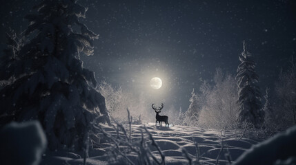 A reindeer out in the snow with a full moon