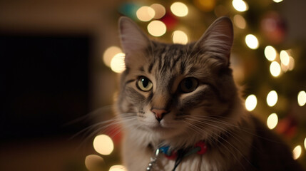 A cat sitting around Christmas lights