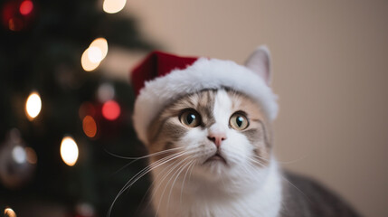 A cat wearing a christmas hat