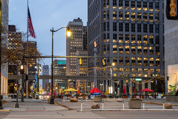 View of downtown Detroit at night in Michigan, USA
