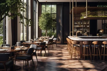 Fotobehang Create an upscale, modern restaurant with floor-to-ceiling windows, letting natural light bathe the space, adorned with dark wooden accents, marble tabletops, and brass fixtures."  © Maksym