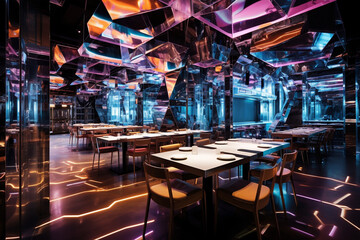 Craft a futuristic restaurant interior, featuring sleek stainless steel surfaces, LED accent lighting, and transparent acrylic chairs, projecting an avant-garde ambiance.