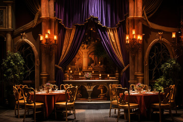 Fototapeta na wymiar Design a theatrical-themed restaurant with dramatic curtains, ornate gold details, and a stage for live performances, providing guests with dinner and a show.