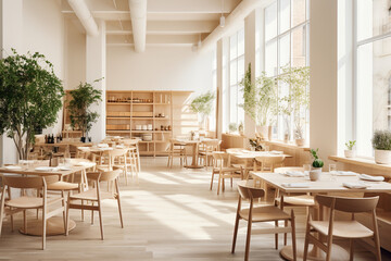 Create a minimalistic, Scandinavian-style restaurant, utilizing light-colored wooden furniture, white walls, and natural greenery, exuding simplicity and serenity." 