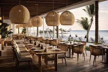 Obraz premium Capture the essence of a beachfront restaurant with a coastal-inspired design, incorporating teak wood flooring, wicker furniture, and large glass panels overlooking the sea.