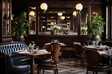 Obraz premium Design an elegant French bistro with dark mahogany paneling, vintage art deco light fixtures, and plush velvet banquettes, invoking the charm of Parisian cafes.