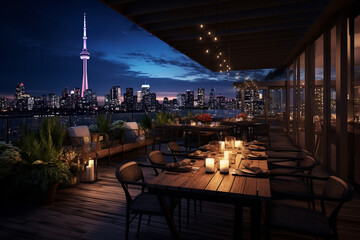 Create an urban rooftop restaurant with panoramic city views, contemporary lounge seating, and glass railings, offering an elegant alfresco dining experience." 