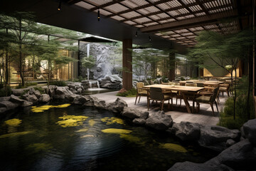 Capture the tranquility of a Zen-inspired restaurant, featuring natural stone elements, bamboo dividers, and a serene indoor koi pond, fostering harmony and relaxation." 