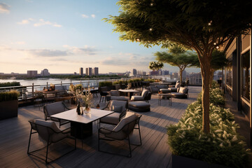 Create an urban rooftop restaurant with panoramic city views, contemporary lounge seating, and glass railings, offering an elegant alfresco dining experience." 