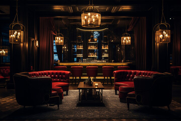 Craft a retro speakeasy with dimly lit interiors, velvet drapes, and plush leather seating,...