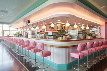 Craft a retro-chic diner with pastel-colored Formica countertops, vinyl-upholstered booths, and jukeboxes, capturing the nostalgic charm of the 60s." 