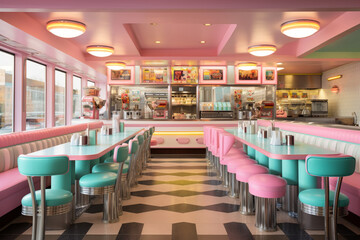 Craft a retro-chic diner with pastel-colored Formica countertops, vinyl-upholstered booths, and jukeboxes, capturing the nostalgic charm of the 60s." 