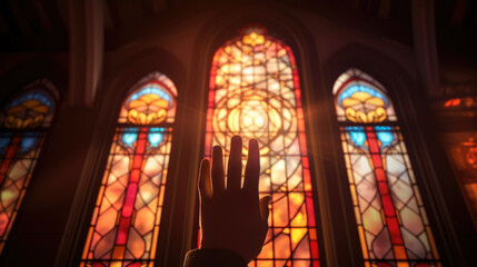 A hand clutching a summons stands against an illuminated stained glass window of a courthouse symbolizing the power of justice.