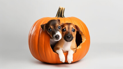 A dog in a pumpkin for halloween