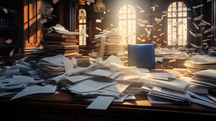 An overwhelmed justice of the peace pouring over a pile of court documents and evidence.