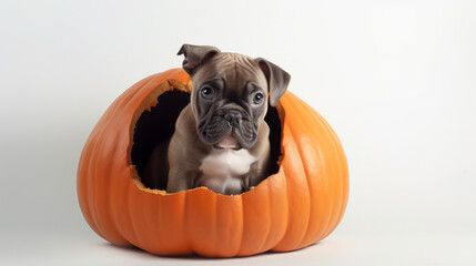 A dog in a pumpkin for halloween