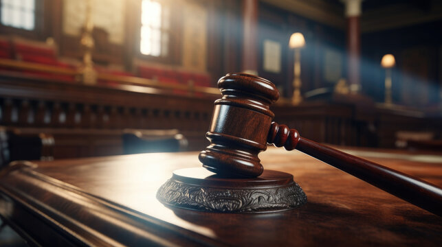An imposing judges gavel hammering home the conviction of a defendant proclaiming justice served.