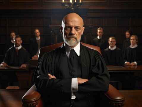 A judge leaning forward from their chair looking down with crossed arms and a stern face at the recanting accused.