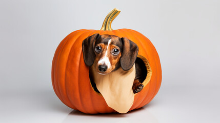 A dog in a pumpkin for halloween