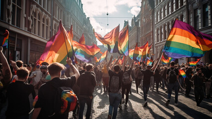 Dynamic view of protest march for LGBT rights on city street, holding rainbow flag