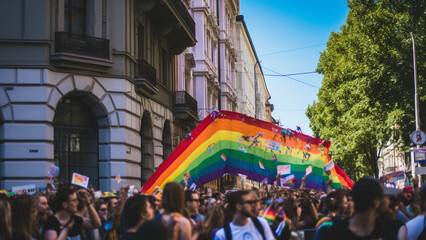 Dynamic view of protest march for LGBT rights on city street, holding rainbow flag