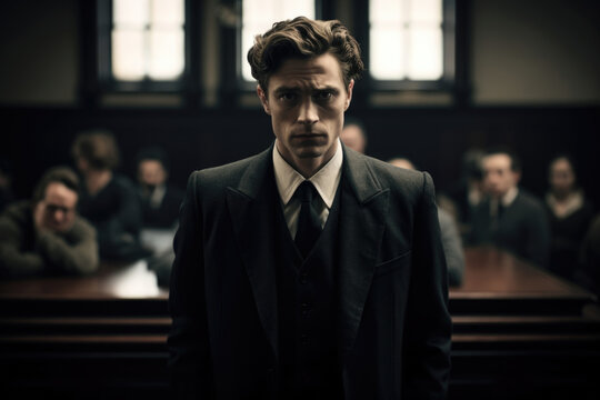 The defendant stands at the front of the courtroom his eyes trained on the judge as he awaits his verdict a moment of destiny filled