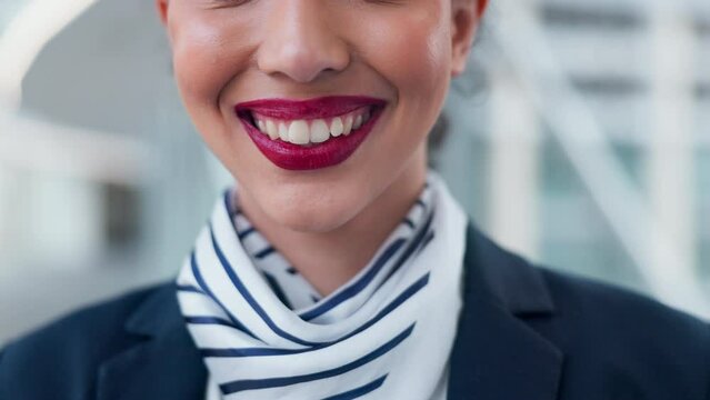 Flight attendant, smile and face closeup in airport for travel, journey and portrait for airplane with professional transport service. Happy, mouth and air hostess for international airline company
