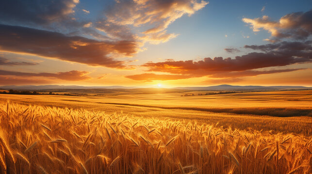 Golden Fields: A vast expanse of ripe wheat fields stretching as far as the eye can see, bathed in the warm glow of the setting sun 