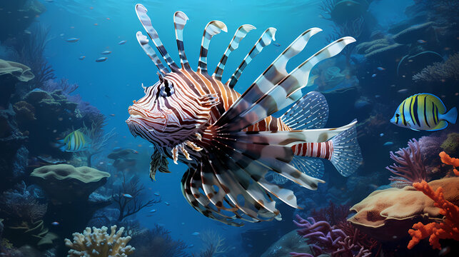An underwater nook where lionfish gracefully fan their fins