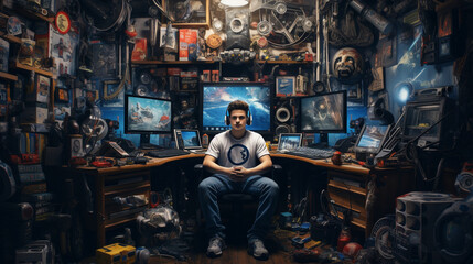 The gamer surrounded by gaming memorabilia, showcasing their passion for the hobby  - obrazy, fototapety, plakaty
